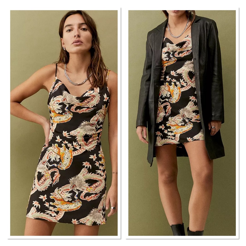 NWT Urban Outfitters Dragon Tiger Print Cowl Neck Mini Satin Slip Dress Black XS
